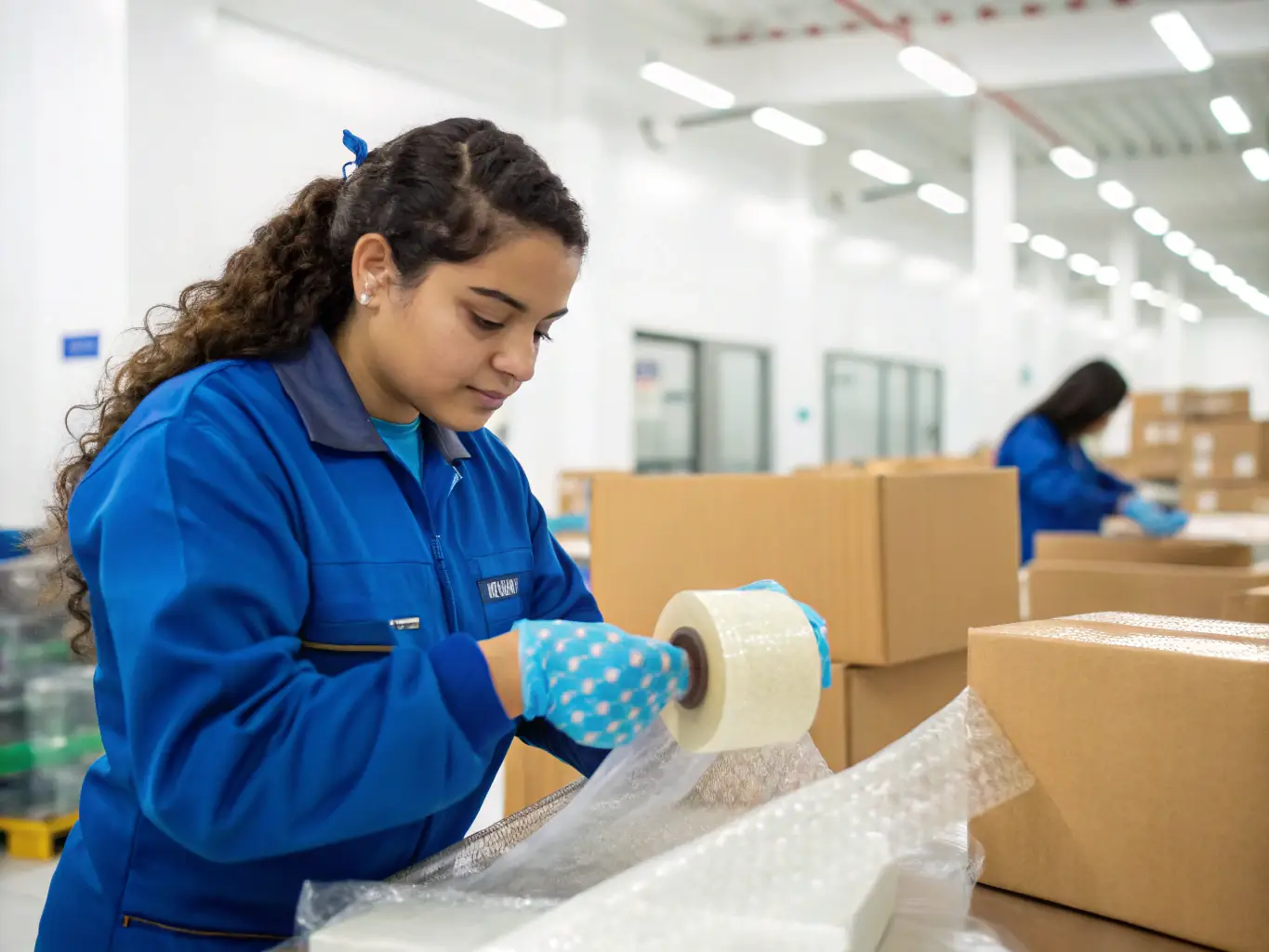 An image depicting a team member carefully packing products for shipment, showcasing attention to detail and quality. The team member is using protective materials to ensure the products are safe during transit.