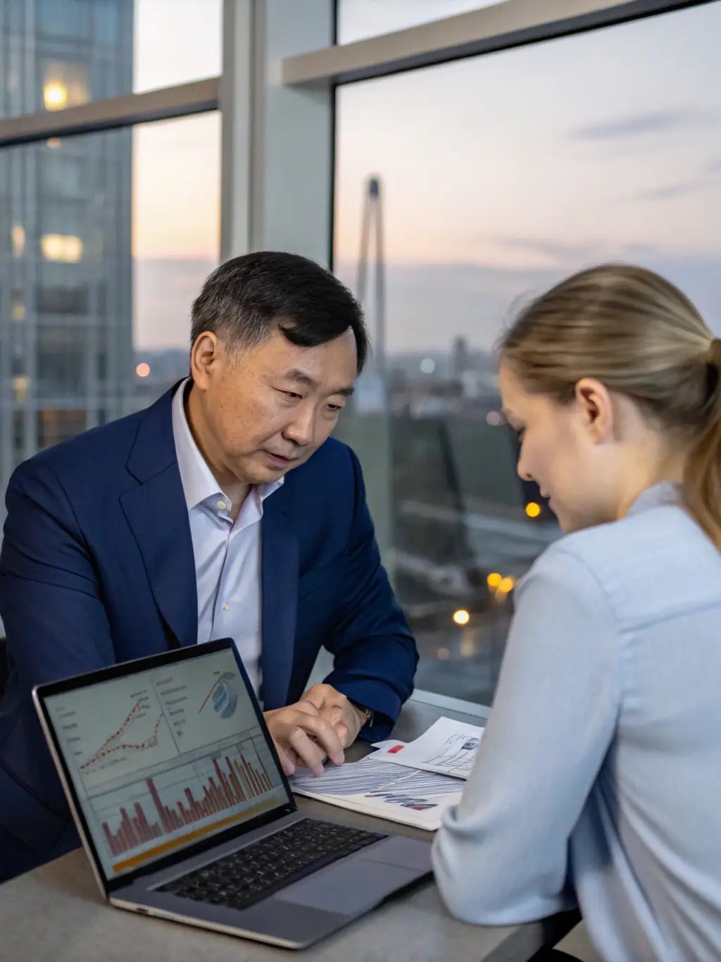 A photograph of a Ymsh logistics expert consulting with a client, discussing customized solutions and strategic planning.