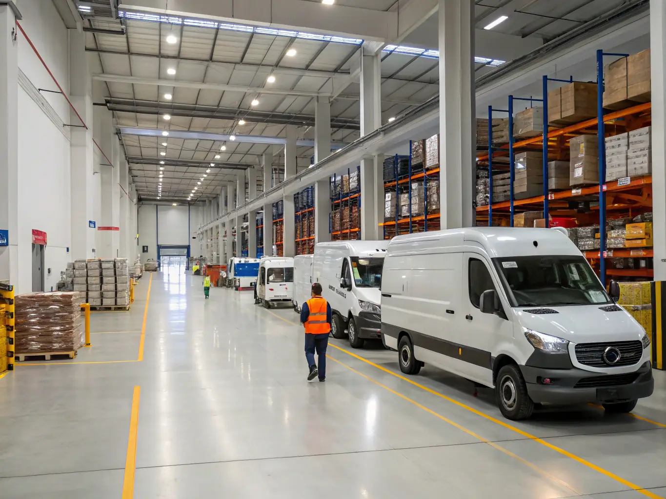 An image showcasing the interior of Ymsh's modern warehouse, highlighting organized storage and efficient logistics operations. Pallets of goods are neatly stacked, and forklifts are moving products around.