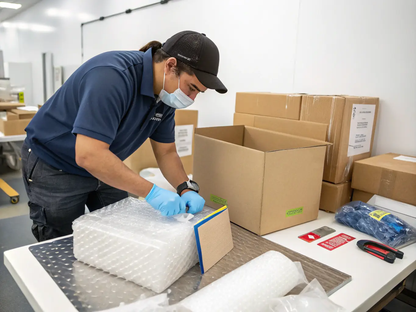 A detailed image of a product being carefully packed in a custom-designed box, ready for shipping. The packaging includes protective materials and clear labeling.