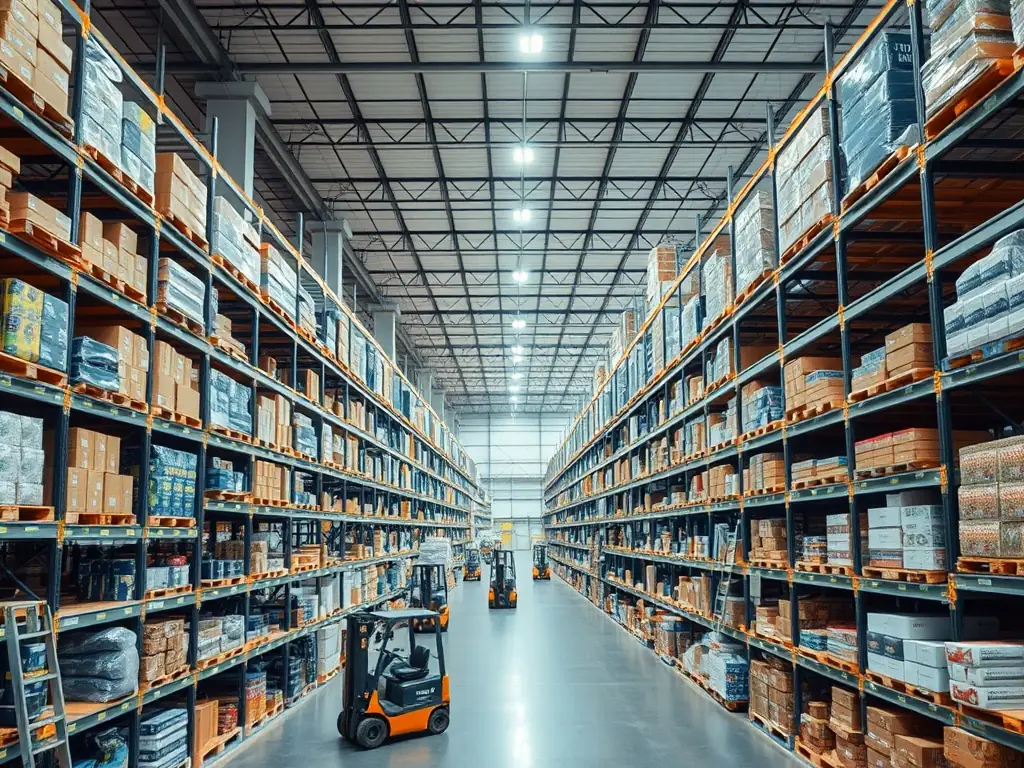 A wide shot of a modern, well-organized warehouse interior, showcasing various products being efficiently managed by warehouse staff. Forklifts are moving pallets, and workers are scanning inventory.